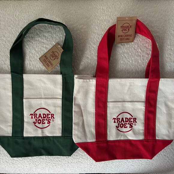 Trader Joe’s Mini Canvas Tote Bags Set of 2 – Red & Green NWT Reusable Sturdy - Picture 2 of 5
